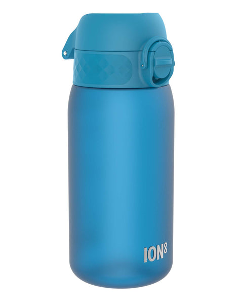 A blue water bottle, sits upright on a white background. The bottle has a screw-on top with a carrying loop. ION8 is printed on the bottle.