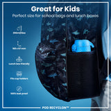 A shark-patterned backpack, containing a blue water bottle, is shown against a blue background; it’s described as perfect for school and lunchboxes, 350ml/12oz, 169 x 67 mm, lunchbox-friendly, fitting cup holders, and 100% leak-proof. POD RECYCLON™ is also displayed.