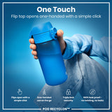 A blue water bottle is held; its flip top opens one-handed. The context is a product advertisement highlighting ease of use and leak-proof features. 