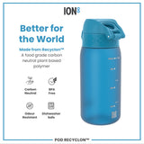 A blue water bottle sits on a white background; it is made from a plant-based polymer and is dishwasher safe.