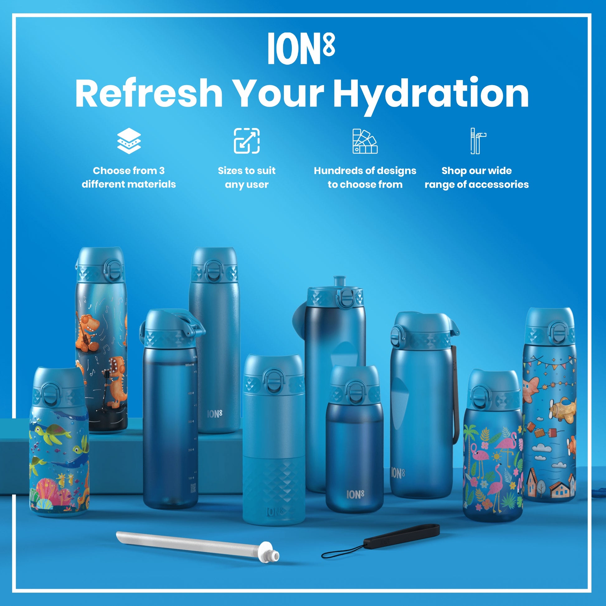 Several ION8 water bottles, of varying sizes and designs, are displayed on a blue surface. They are shown to highlight material, size, and design options. Accessories are also visible.