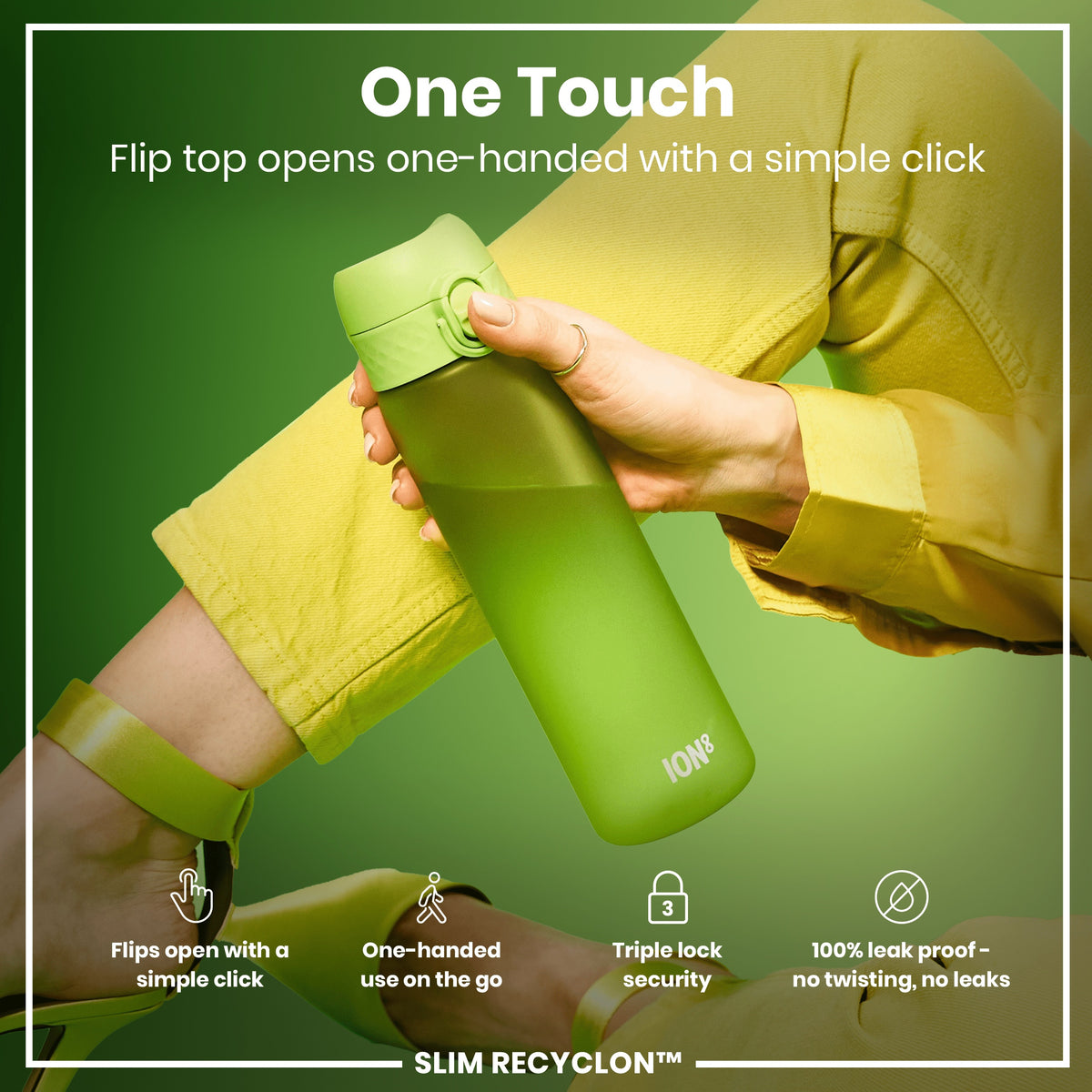 Leak Proof Slim Water Bottle, Recyclon, Green, 500ml (18oz)