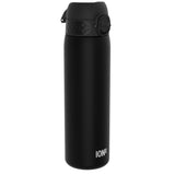 A black ION8 water bottle stands upright against a white background. The bottle has a black screw-top lid with a carrying loop.
