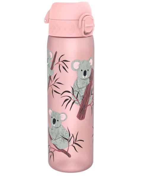 A pink water bottle, featuring koalas on branches, sits against a white background.