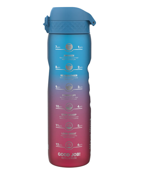 A water bottle displays a daily hydration schedule with corresponding health benefits, against a white background.
