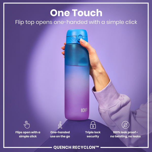 A purple and blue water bottle is being held. Its flip top opens one-handed. It features a triple lock security and is 100% leak proof. The brand is QUENCH RECYCLON™.