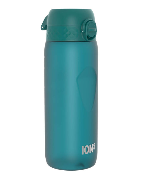 A teal plastic water bottle sits against a white background. The bottle has a hinged, textured lid and the word "ION8" is printed near the base.