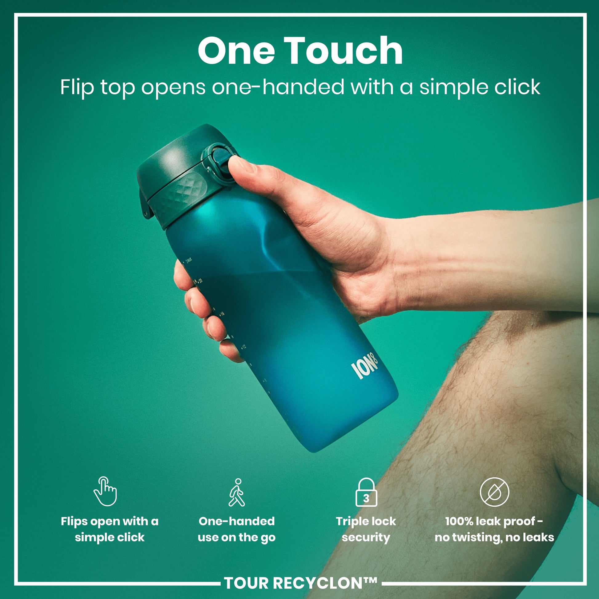 A teal water bottle is being held; its flip top is opened with one hand. The bottle features the brand name "ION8" and the tagline "TOUR RECYCLON™". The background is teal.