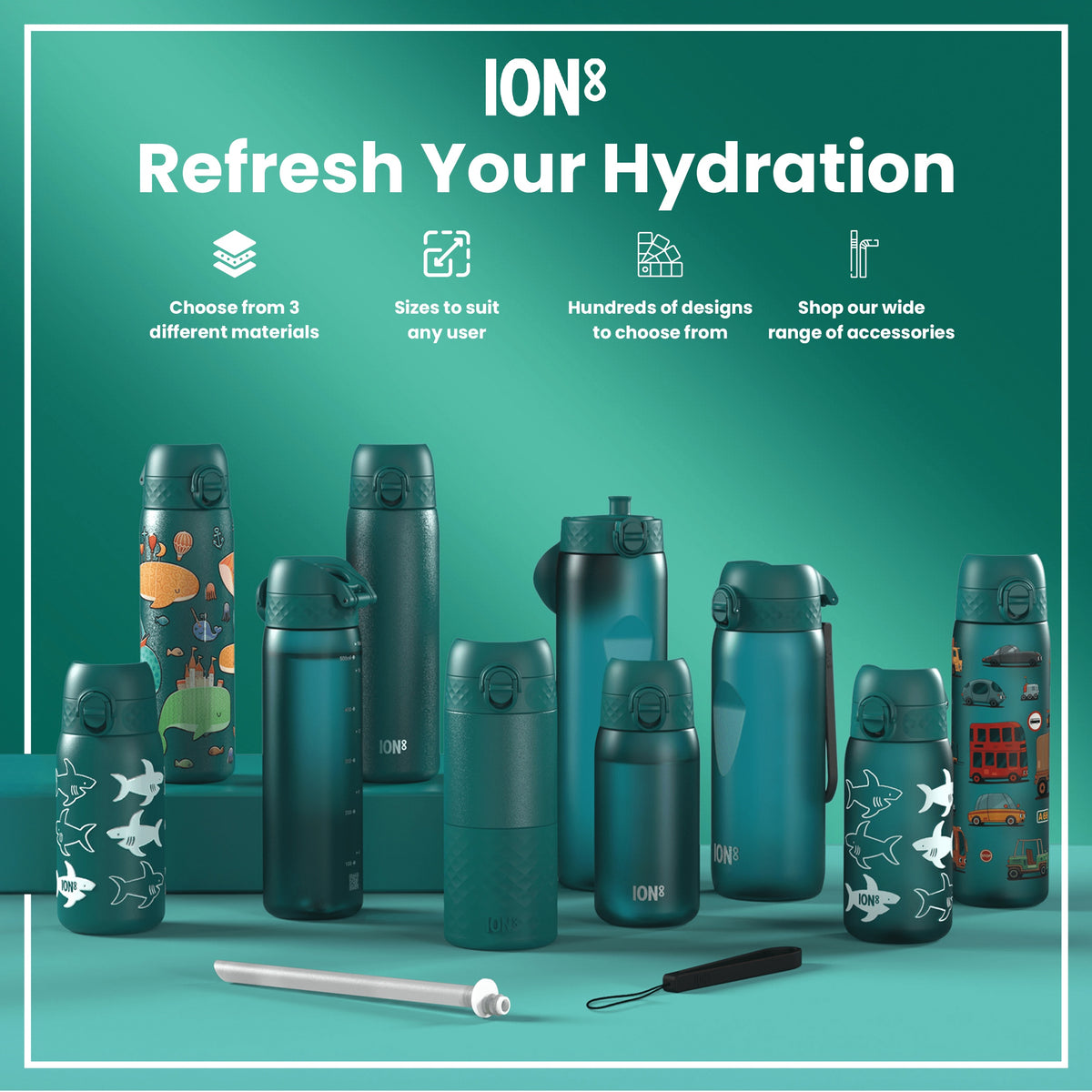 A teal plastic water bottle sits against a white background. The bottle has a hinged, textured lid and the word "ION8" is printed near the base.