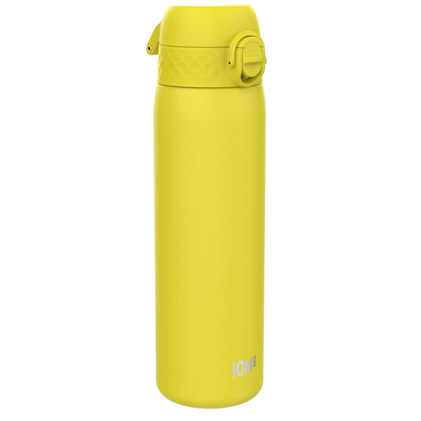 A yellow water bottle stands upright against a white background. ION8 is printed on its side.