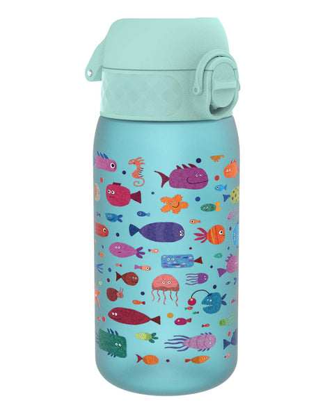 A light-blue water bottle, adorned with colorful cartoon fish and sea creatures, sits on a white background.