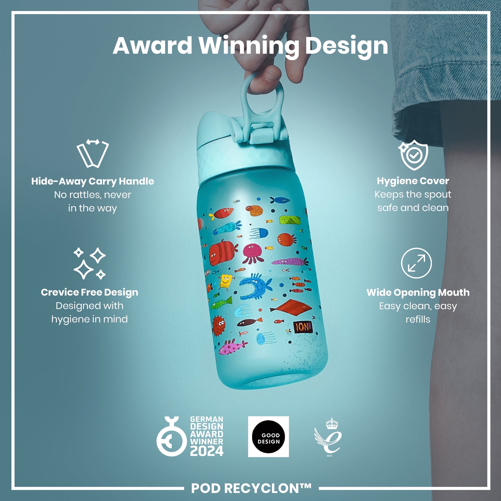 A light-blue water bottle with a cartoon fish design is being held. Features include a hide-away handle, hygiene cover, and wide mouth. Award logos are displayed.