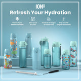 Several water bottles, displaying various sizes and colorful designs, are arranged on a light blue surface. The bottles are promoting hydration. The text reads: 