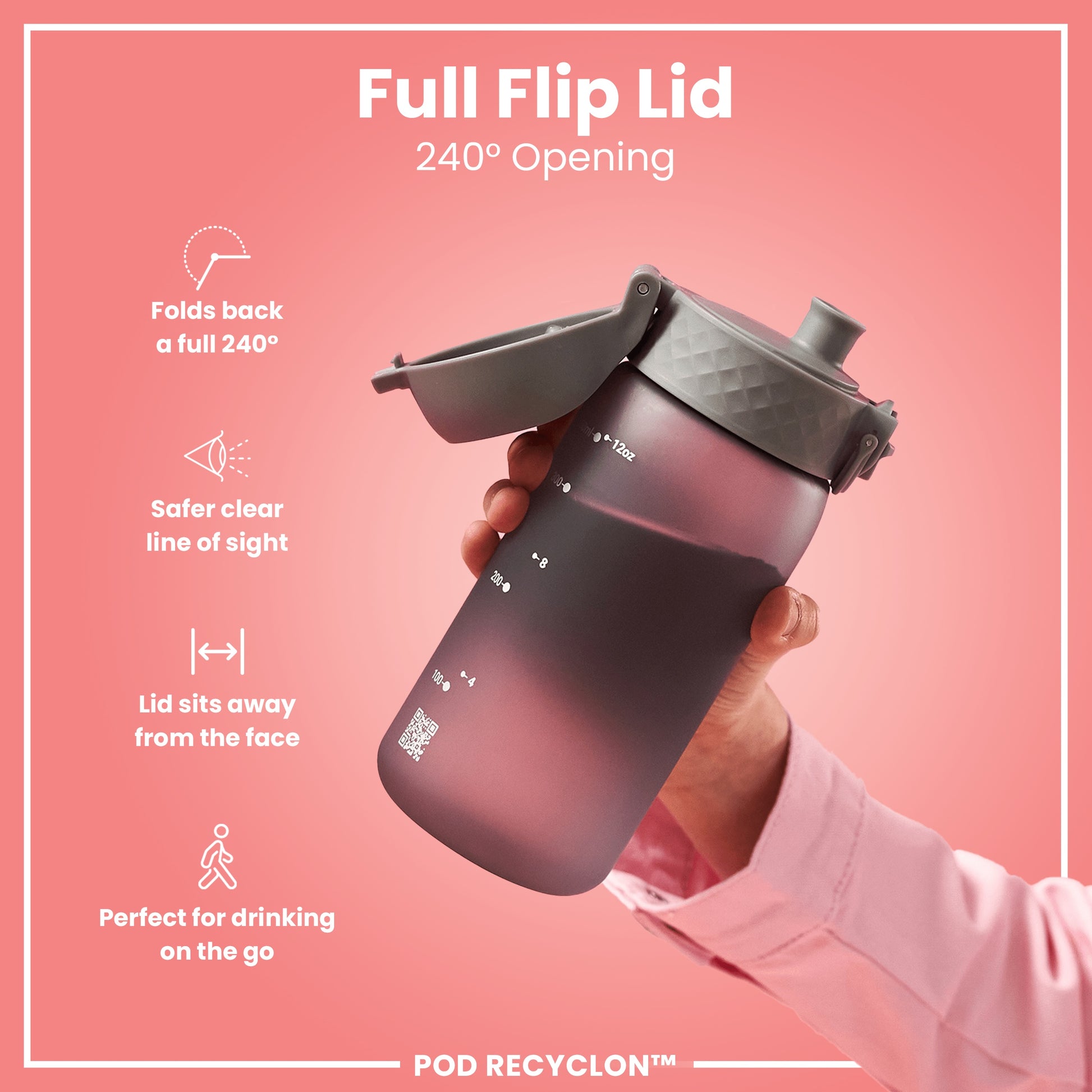 A dark-pink water bottle with a grey lid is held. The lid is open, showing a full 240° opening. The background is a light pink. POD RECYCLON™ is visible on the bottle.