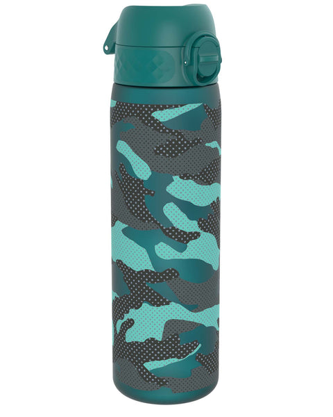 A teal water bottle, featuring a camouflage pattern, stands upright against a white background.