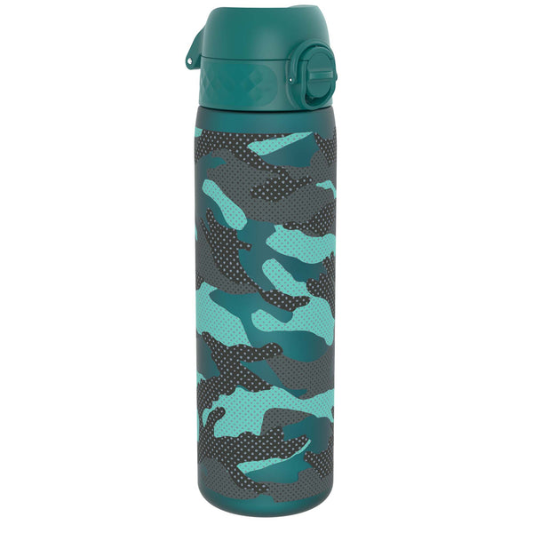 A teal water bottle, featuring a camouflage pattern, stands upright against a white background.