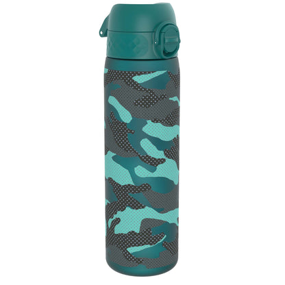A teal water bottle, featuring a camouflage pattern, stands upright against a white background.