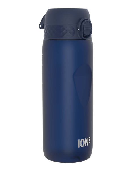 A dark-blue ION8 water bottle sits against a white background. The bottle is upright. The brand name is visible.