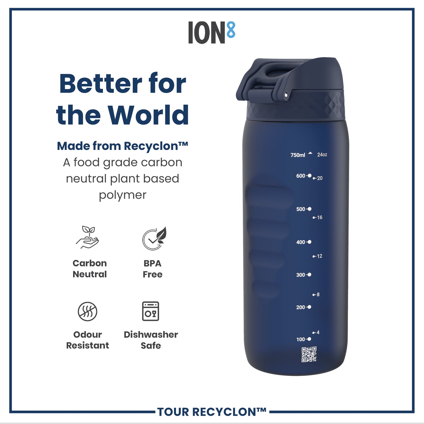 A dark-blue water bottle sits against a white background. The bottle is made from a plant-based polymer, is BPA-free, odor resistant, and dishwasher safe. The bottle's capacity markings are visible.