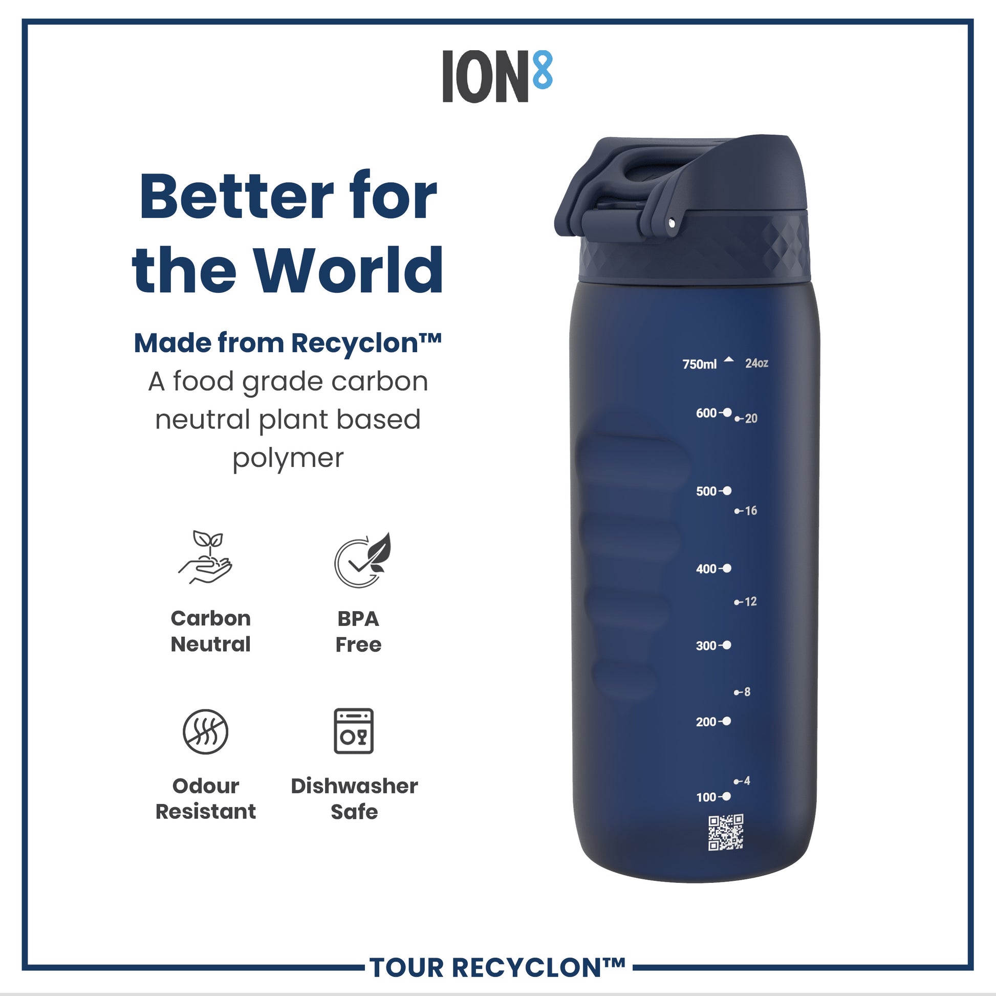 A dark-blue water bottle sits against a white background. The bottle is made from a plant-based polymer, is BPA-free, odor resistant, and dishwasher safe. The bottle's capacity markings are visible.
