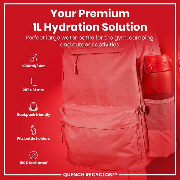 A red, 1L water bottle sits in a red backpack's side pocket; it's advertised as a premium hydration solution for the gym, camping, and outdoor activities, and is backpack friendly, fits bottle holders, and is leakproof.
