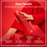 A red water bottle is held; its flip top opens one-handed. The context is a red background; the bottle's brand is ION8. 