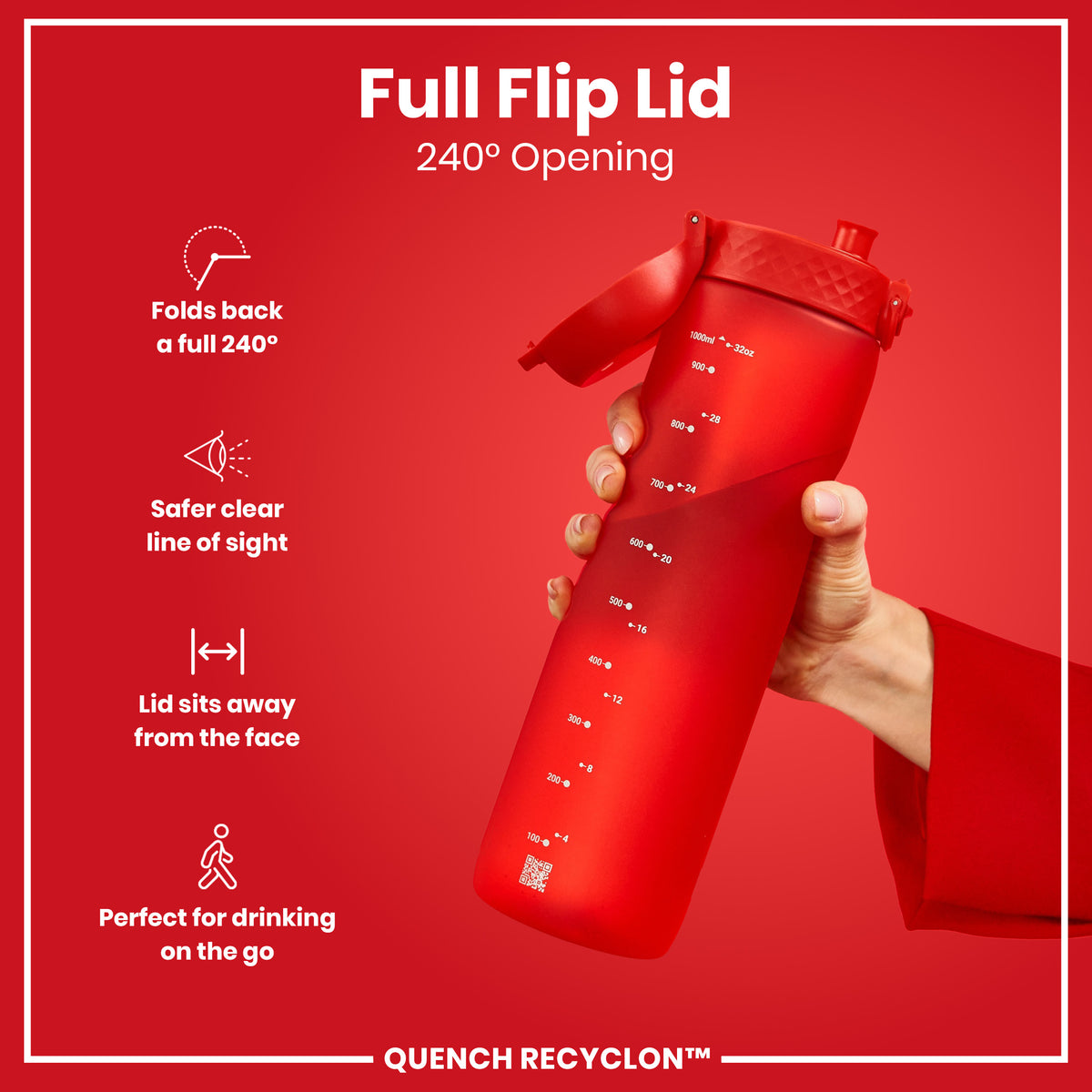 A red water bottle, held in a hand, features a 240° flip lid. The bottle is marked with milliliter and ounce measurements. The context is a red background showcasing product features. Full Flip Lid, 240° Opening, QUENCH RECYCLON™