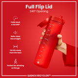 A red water bottle, held in a hand, features a 240° flip lid. The bottle is marked with milliliter and ounce measurements. The context is a red background showcasing product features. Full Flip Lid, 240° Opening, QUENCH RECYCLON™