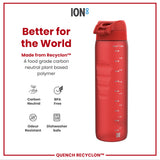 A red water bottle sits against a white background. The bottle is made from Recyclon™, a plant-based polymer, and features volume markings. It is advertised as carbon neutral, BPA free, odour resistant, and dishwasher safe.