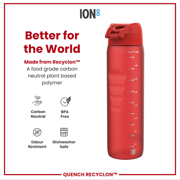 A red water bottle sits against a white background. The bottle is made from Recyclon™, a plant-based polymer, and features volume markings. It is advertised as carbon neutral, BPA free, odour resistant, and dishwasher safe.