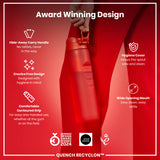 A red water bottle is held against a red background. Its features are highlighted: hide-away handle, crevice-free design, contoured grip, hygiene cover, and wide mouth. It's an award-winning design, the Quench Recyclon™.