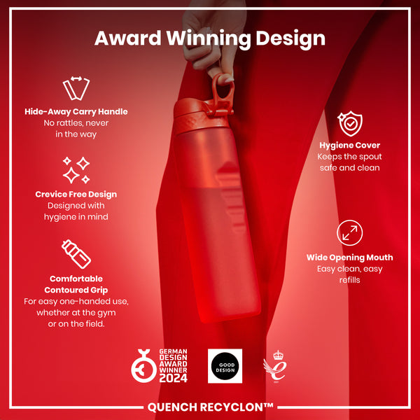 A red water bottle is held against a red background. Its features are highlighted: hide-away handle, crevice-free design, contoured grip, hygiene cover, and wide mouth. It's an award-winning design, the Quench Recyclon™.