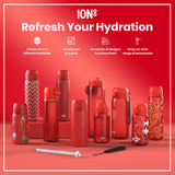 Several red water bottles, of varying sizes and designs, are displayed on a red surface. They are arranged to showcase different styles and sizes, accompanied by text promoting hydration and accessories. ION8 branding is visible on many of the bottles.