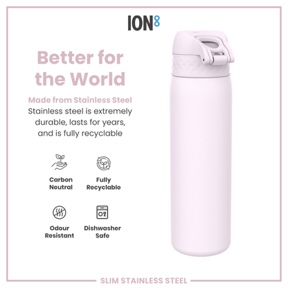 A light pink stainless steel water bottle stands against a white background. Accompanying text highlights its durability, recyclability, and other features.