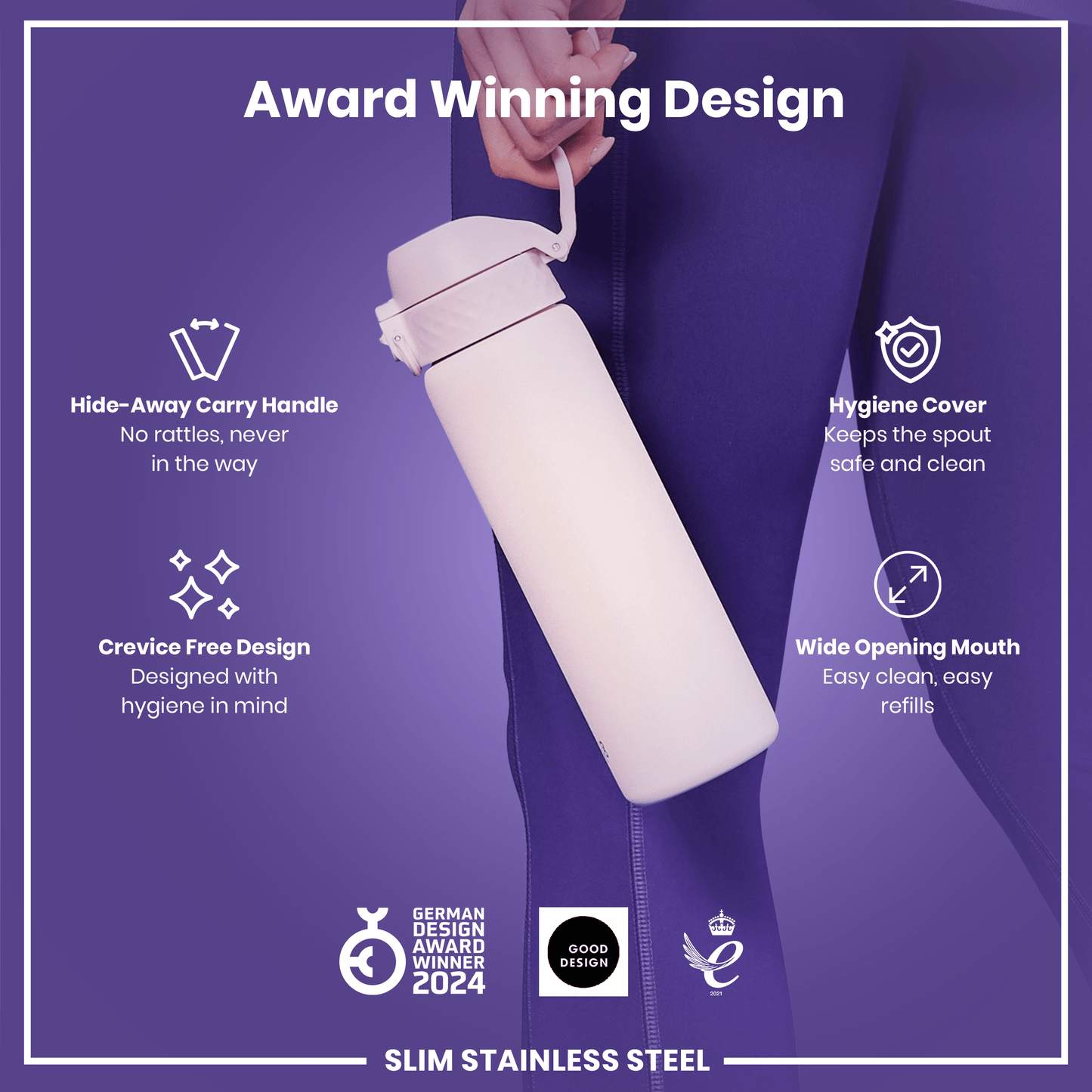 A light-pink, slim stainless steel water bottle is held by a person; it features a hide-away handle, hygiene cover, and wide mouth. The bottle is award-winning, designed for hygiene.