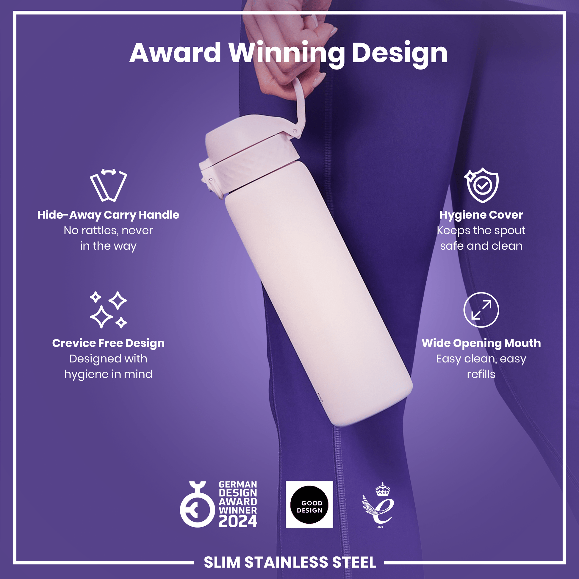 A light-pink, slim stainless steel water bottle is held by a person; it features a hide-away handle, hygiene cover, and wide mouth. The bottle is award-winning, designed for hygiene.