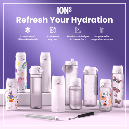Various ION8 water bottles, in different sizes and designs, are displayed on a lavender surface; accessories are also shown. Choose from 3 different materials. Sizes to suit any user. Hundreds of designs to choose from. Shop our wide range of accessories.