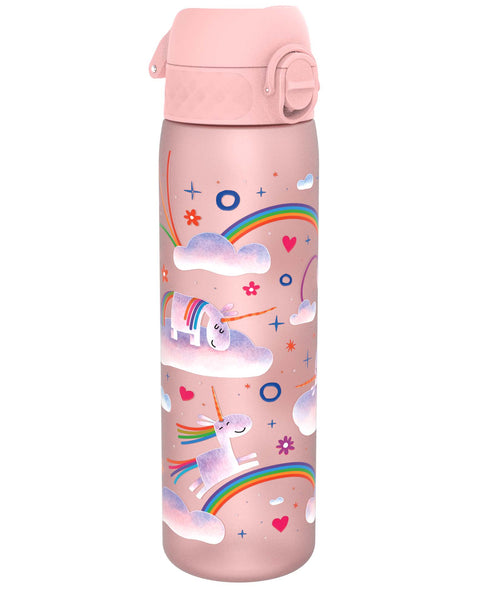 A pink water bottle, featuring unicorns and rainbows, sits on a white background.