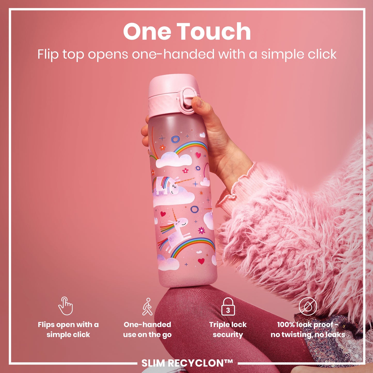 A pink unicorn-decorated water bottle is held; its flip top opens one-handed. The bottle features a triple lock security mechanism and is 100% leak-proof; the context is a pink background. The bottle is described as "SLIM RECYCLON™".