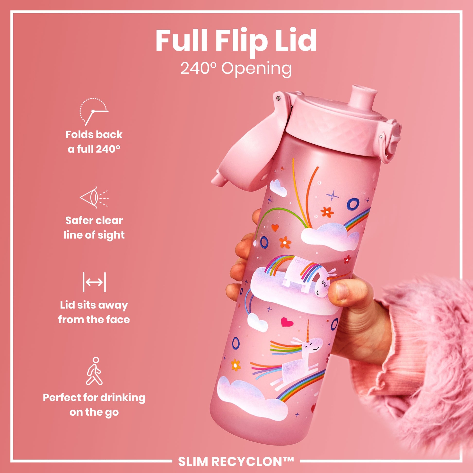 A pink water bottle, featuring a unicorn design, is held; its full flip lid allows for a 240° opening. The bottle is labeled "SLIM RECYCLON™".