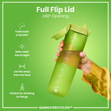 A green water bottle with a full flip lid is being held; its 240° opening allows for easy drinking on the go. The bottle has measurement markings. The lid folds back completely and sits away from the user's face.