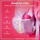 A lavender backpack; containing a pink water bottle in its mesh pocket; against a pink background. Great for Kids. Perfect size for school bags and lunch boxes. 350ml/12oz. 169 x 67 mm. Lunch box friendly. Fits cup holders. 100% leak proof. POD RECYCLON™.