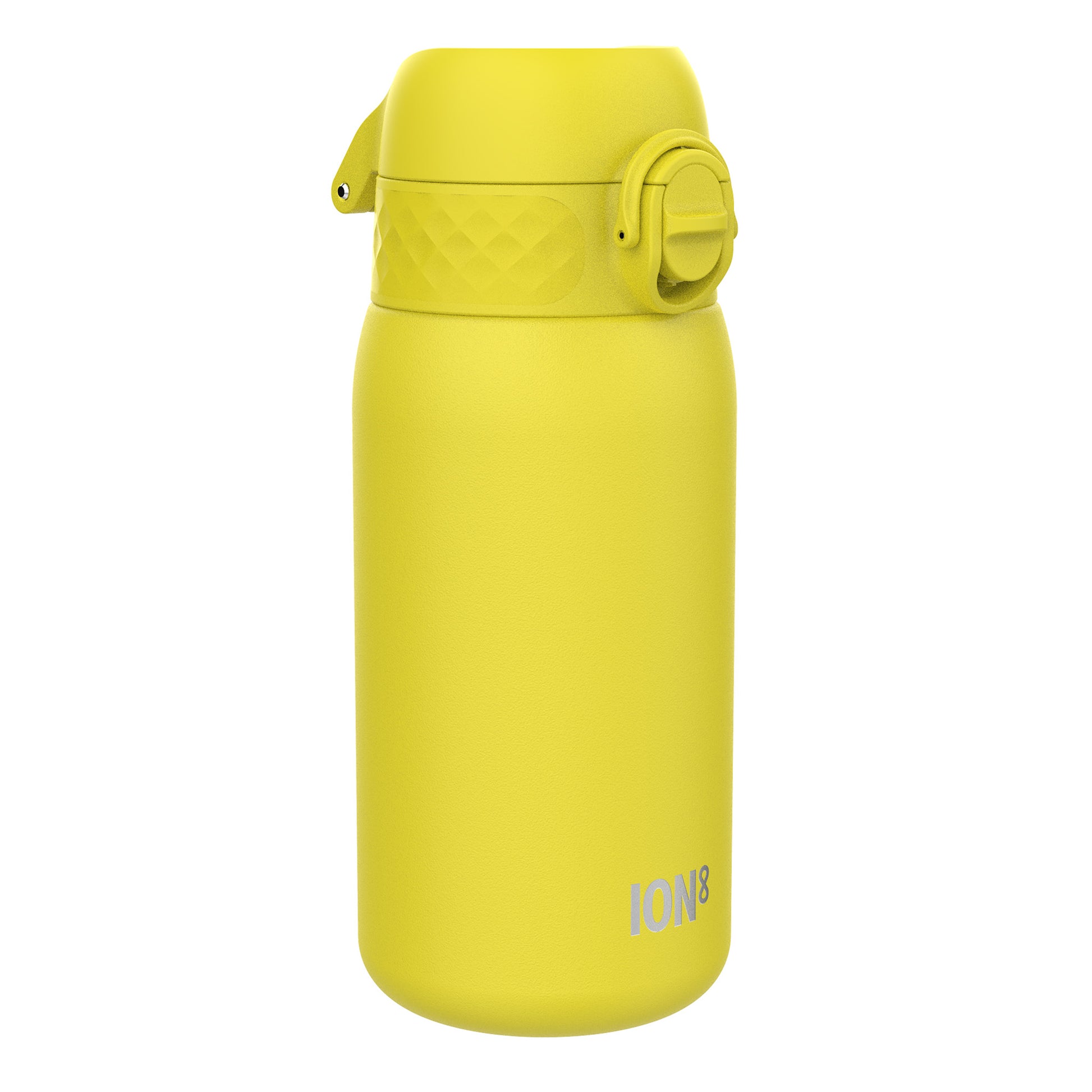 A yellow ION8 water bottle sits on a white background. The bottle has a hinged, textured lid.