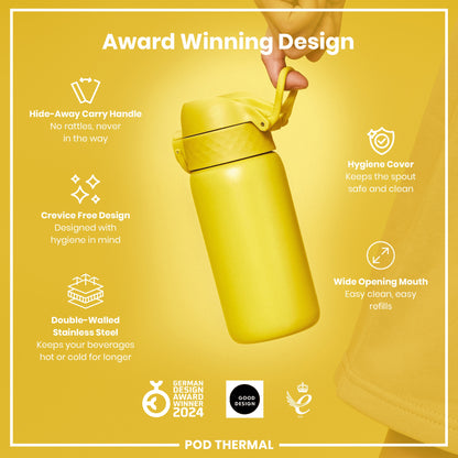 A yellow, double-walled stainless steel water bottle is being held. Its features include a hide-away handle, crevice-free design, hygiene cover, and wide mouth. It's an award-winning design.