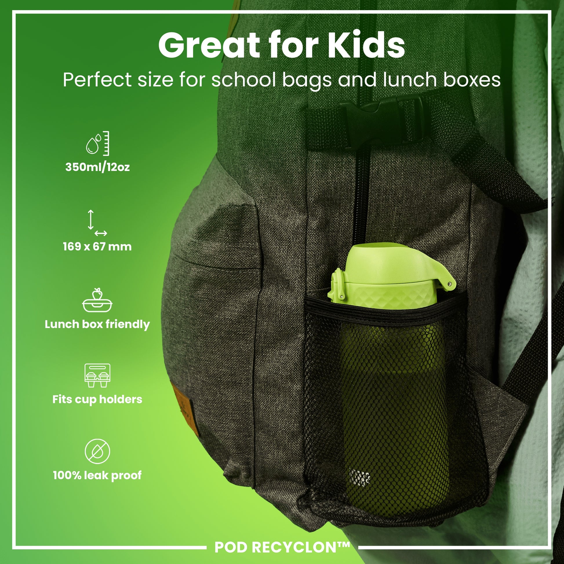A lime-green water bottle sits in a grey backpack's mesh pocket. The backpack is shown against a bright green background; bottle specifications are provided: 350ml/12oz, 169 x 67 mm, lunchbox and cup holder compatible, 100% leak proof. POD RECYCLON™ is also indicated.