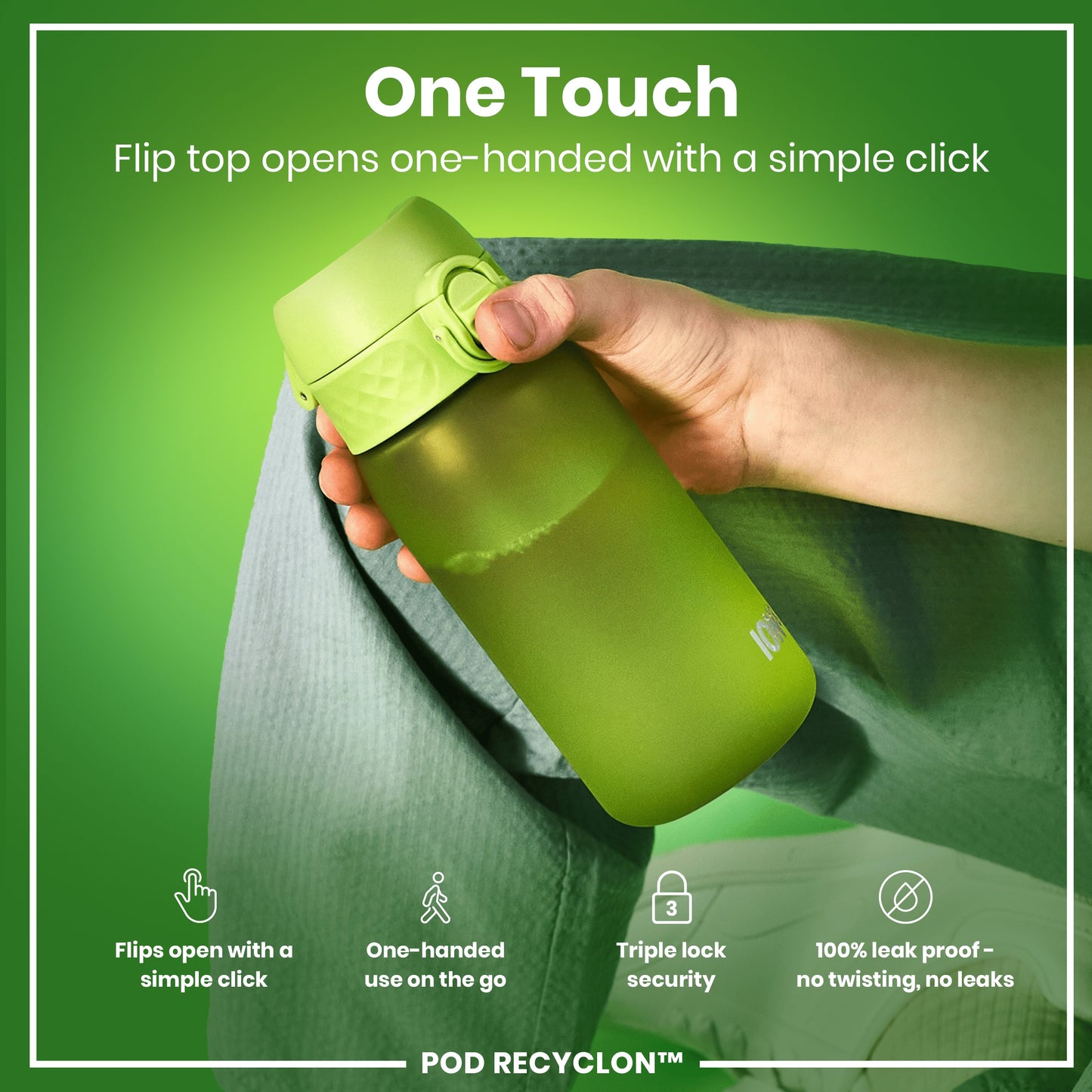 A lime green water bottle is held, its flip top opened with one hand. The bottle features a triple lock security and is advertised as leakproof. It is displayed against a green background. Flip top opens one-handed with a simple click. POD RECYCLON™.