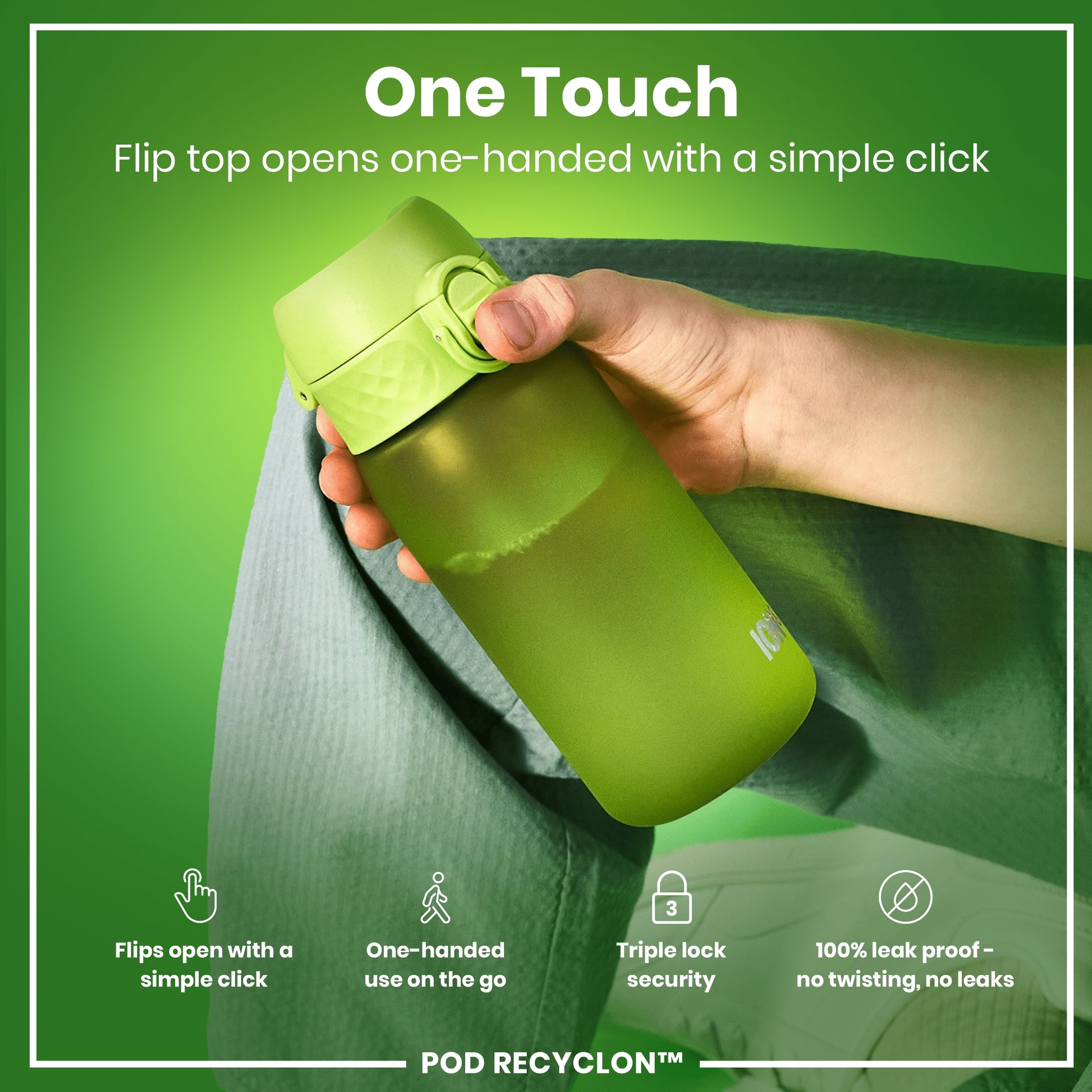 A lime green water bottle is held, its flip top opened with one hand. The bottle features a triple lock security and is advertised as leakproof. It is displayed against a green background. Flip top opens one-handed with a simple click. POD RECYCLON™.