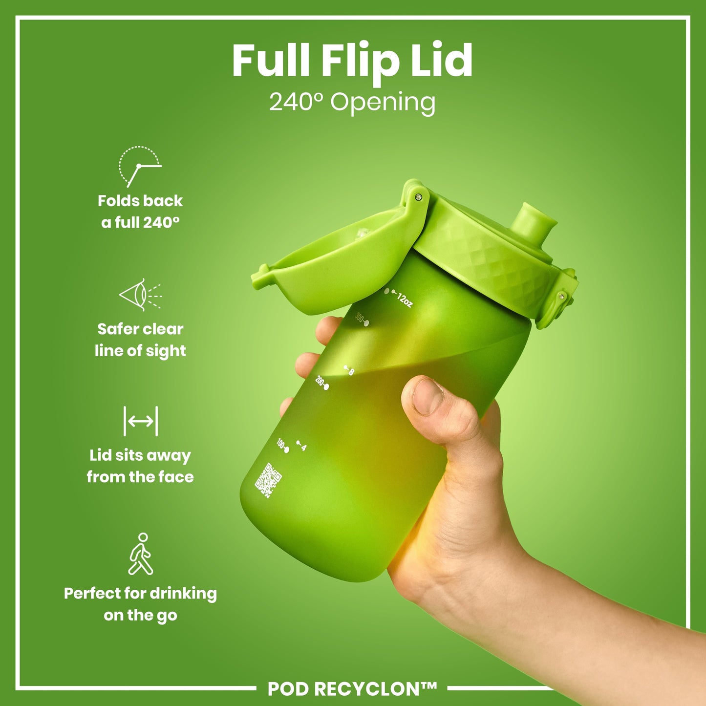 A green water bottle, with a 240° flip lid, is being held. The bottle features measurement markings and a QR code. The background is a solid green.