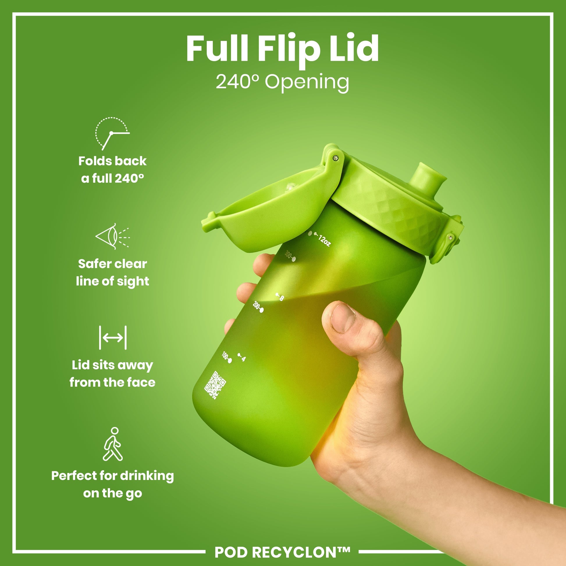 A green water bottle, with a 240° flip lid, is being held. The bottle features measurement markings and a QR code. The background is a solid green.