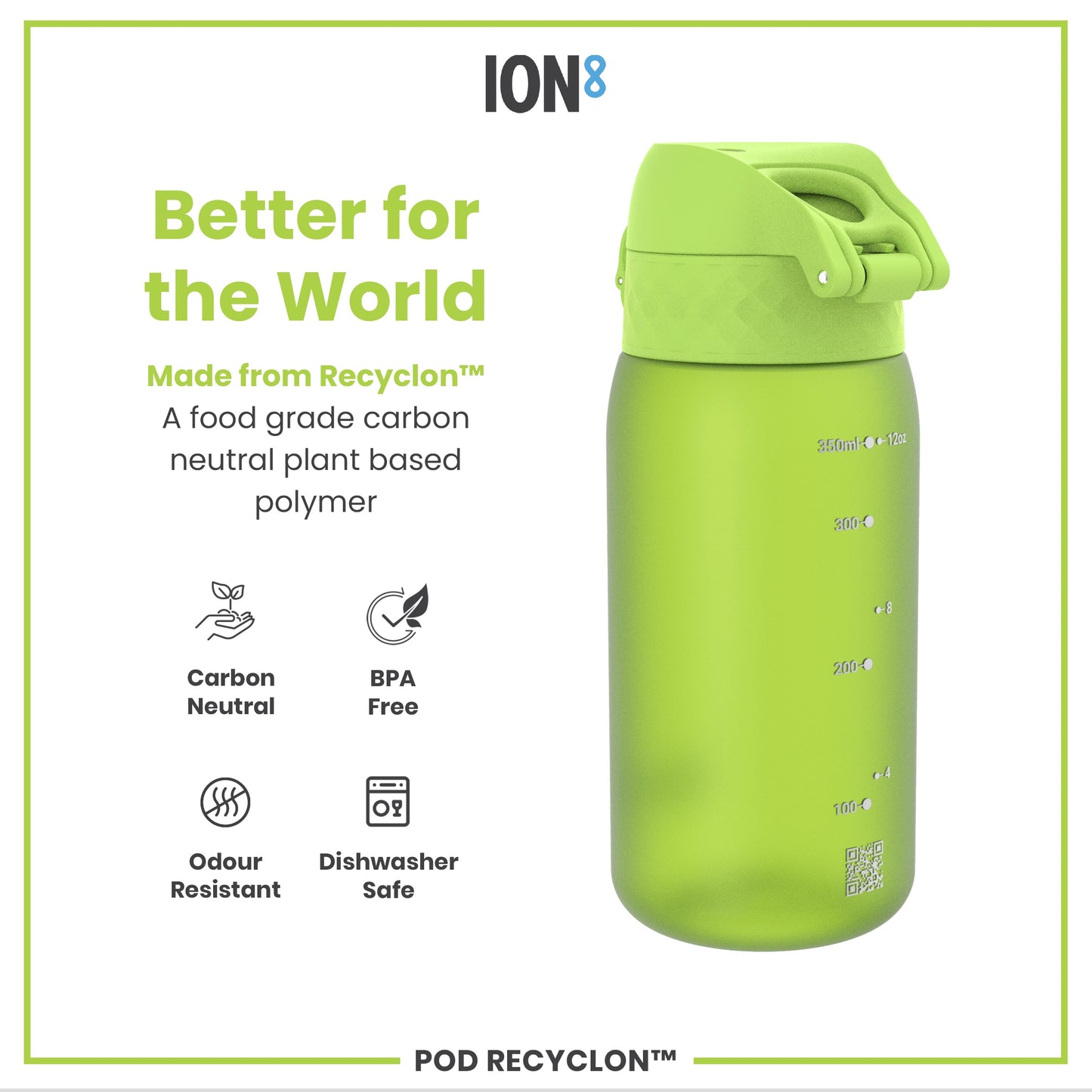 A light green water bottle sits on a white background. The bottle is made from Recyclon™, a plant-based polymer, and is BPA-free, odor-resistant, and dishwasher-safe. It has volume markings in milliliters and ounces.